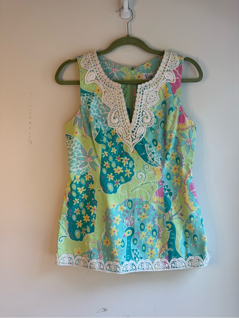 Sleeveless Lace-Trim Printed Shell Top - Turquoise/Green